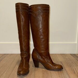 Frye Mustang Stitch Tall Cognac Leather Heeled Boots